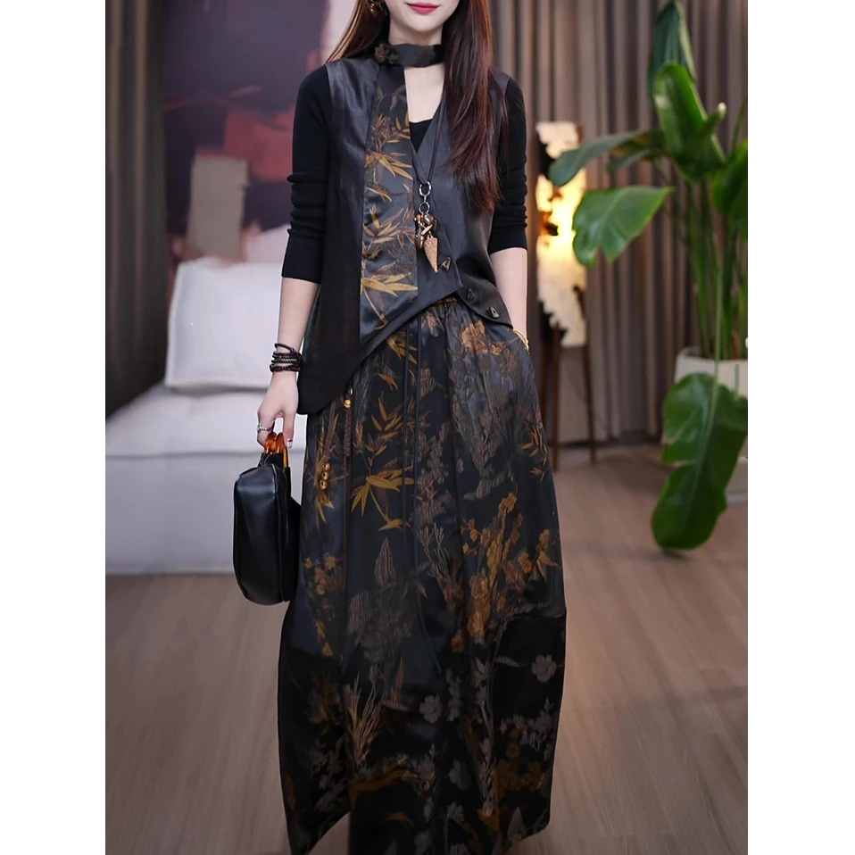 配围巾！新中式复古国风三套装秋季新款宽松显瘦马甲+内搭+半身裙