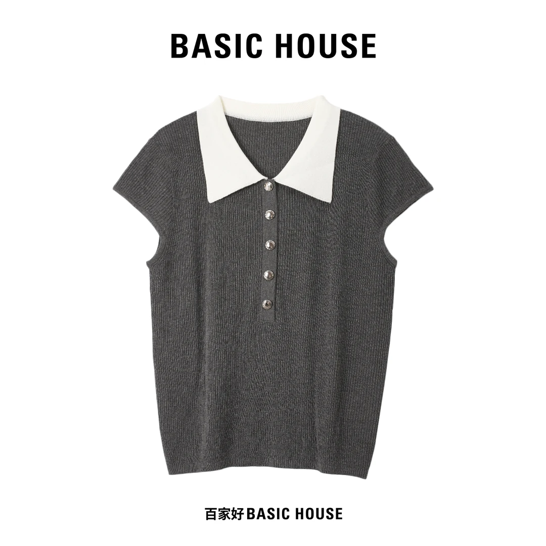 Basic House/百家好2025年新款翻领撞色时尚短袖针织衫D122 MM