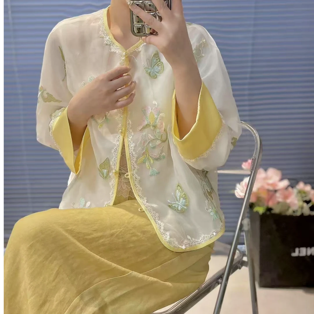 新中式刺绣花朵长袖气质改良宽松上衣外套----7207