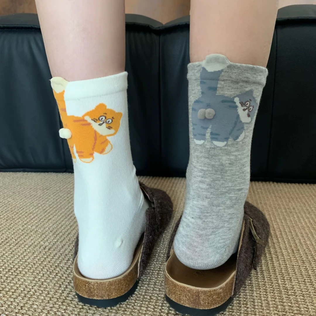 【高品质】捣蛋猫猫蛋蛋中筒袜无骨抽象可爱精梳棉夏季新款女袜子