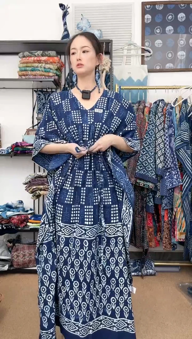 【闪购商品】196印度长绒棉拓印蓝染卡夫坦130cm