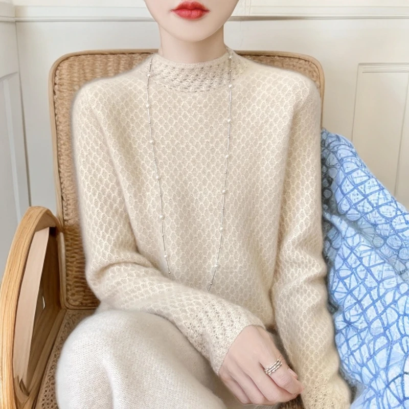 噫4新款高级提花软糯内搭打底衫女上衣秋冬毛衣女宽松针织衫半高