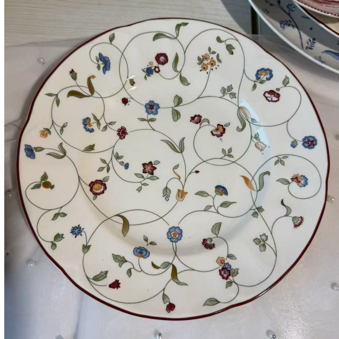 微瑕小花枝釉中彩餐具套装欧式小清新平盘草帽盘米饭碗粉色可爱