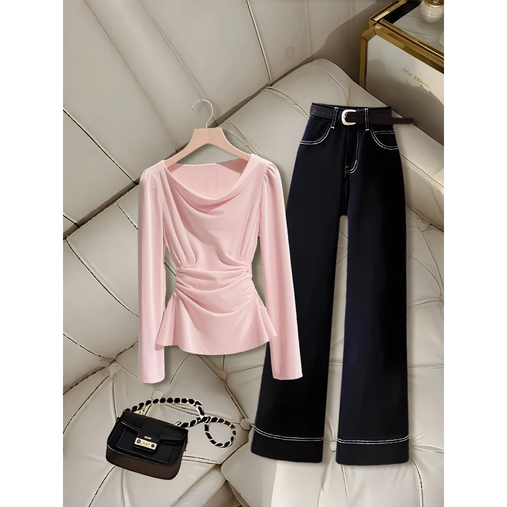2025秋季新款穿搭一整套爆款时尚气质显瘦荡领上衣简约百搭直筒裤