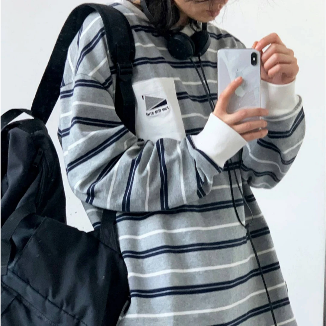 日系百搭复古春圆领条纹T恤男女休闲慵懒风小长袖衫