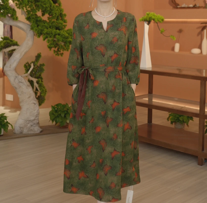 春季新款红云纱冠乐绉连衣裙（春波媚蝶99100）