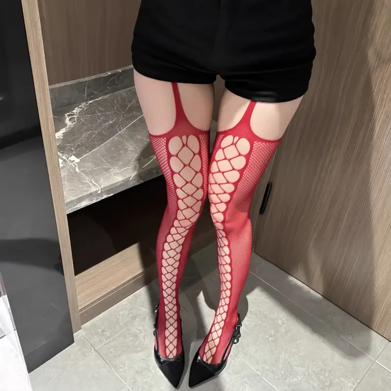 大码高弹镂空渔网袜性感胖mm丝袜薄款女夜店黑丝免脱吊带一体黑丝