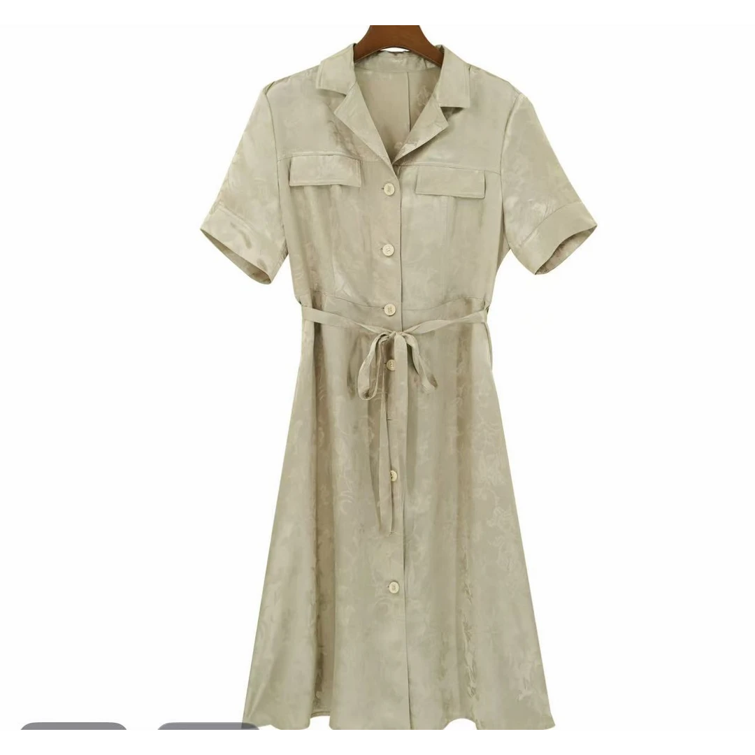 100%桑蚕丝提花通勤风轻奢收腰设计感连衣裙25DAK0706