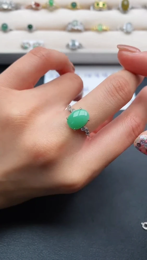 银S925镶嵌戒指翡翠缅甸天然A货翡翠22  5-8