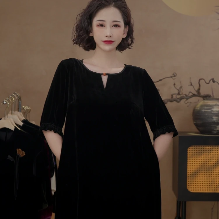 百分百桑蚕丝真丝丝绒时尚圆领显瘦黑色礼服连衣裙F010气质中长款