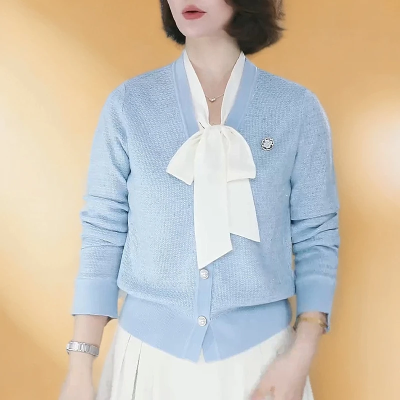 【干韵伊然】春秋新款减龄时尚百搭流行拼接领结针织套头女士上衣