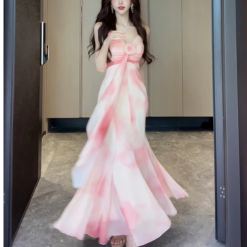 【婉君】海边度假鱼尾女神名媛吊带花朵大裙摆连衣裙LWJ24B2Q1063