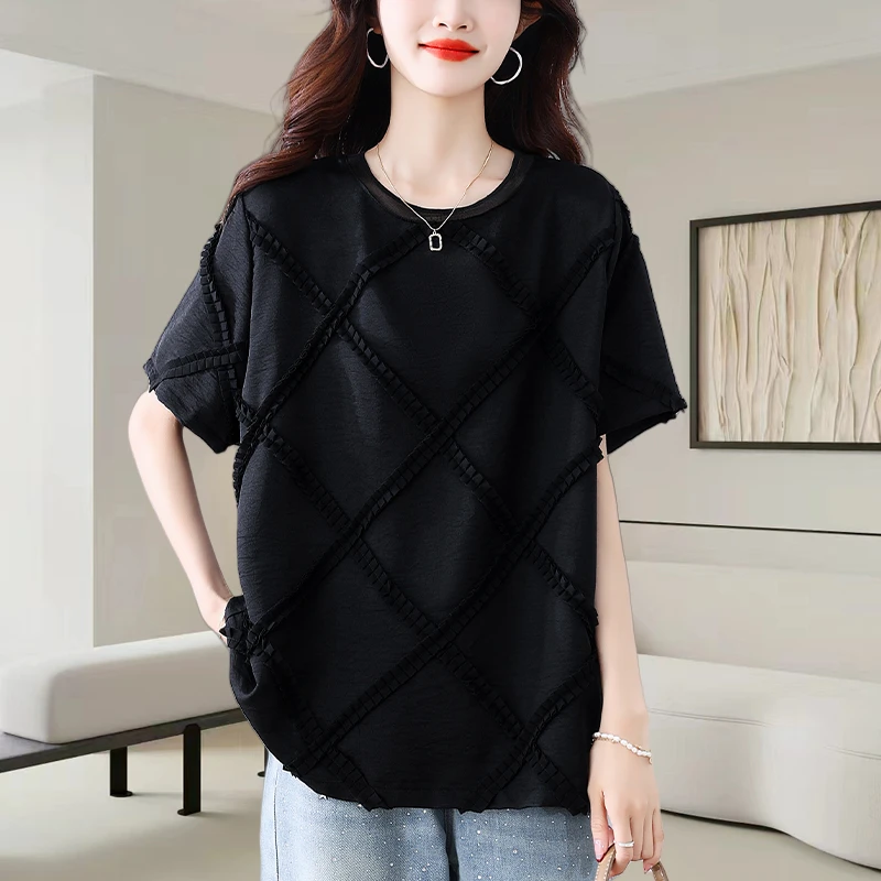 黑色圆领菱型雪纺衫女士2025夏季新款时尚宽松重工木耳边短袖上衣