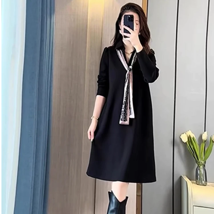 大码黑色连衣裙女春季新款欧货宽松中长裙子遮肉显瘦百搭打底裙