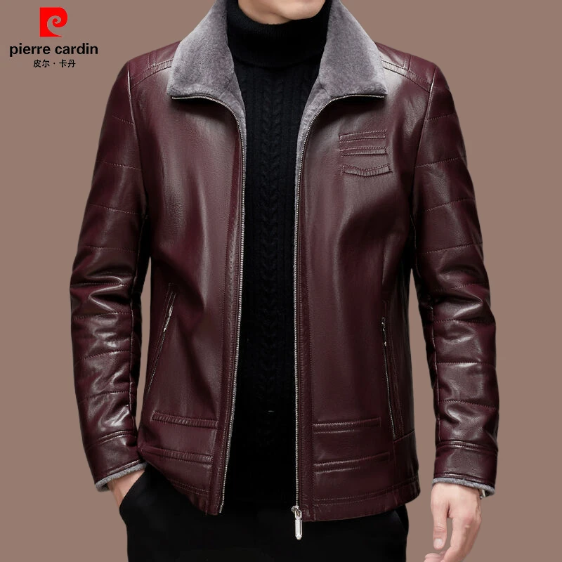 皮尔卡丹皮衣保暖中年翻领绵夹克加绒春秋男士翻领中老年冬季皮衣
