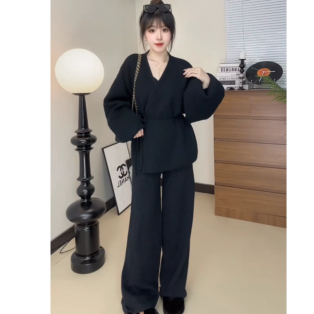 2025年春秋百搭时尚简约高品质针织减龄老钱风开衫阔腿裤两件套