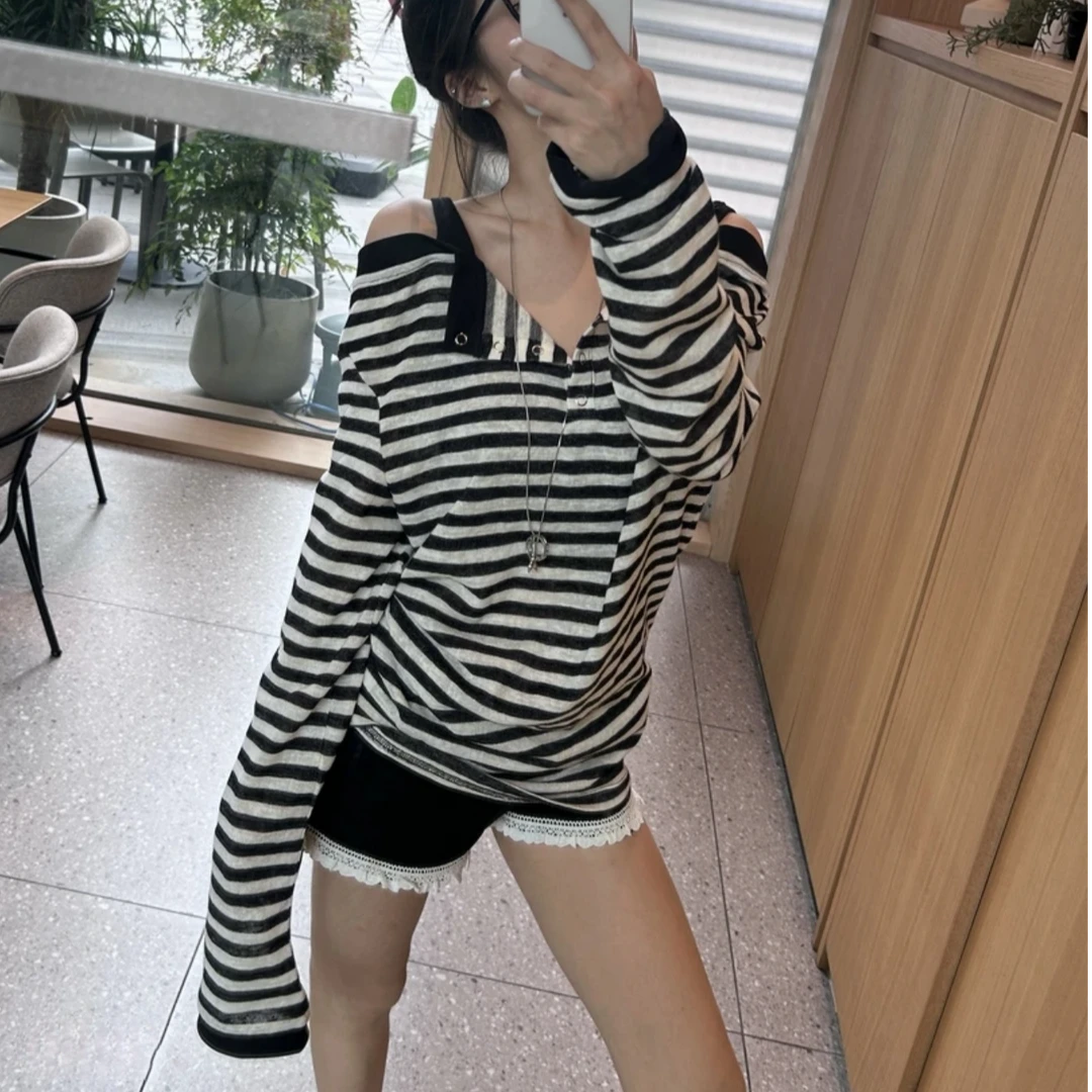 【XY】甜酷辣妹设计小众针织条纹假两件修身显瘦长袖T恤+短裤套装