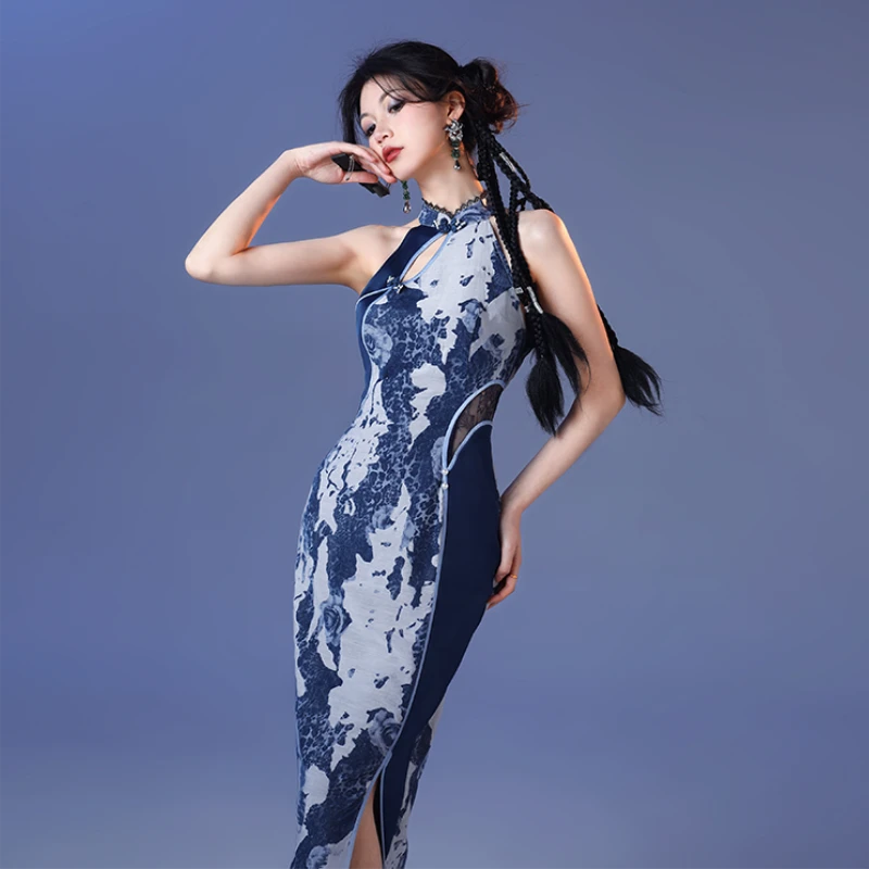 四斤自制 豹汐 蓝色豹纹植绒新中式无袖旗袍夏长连衣裙
