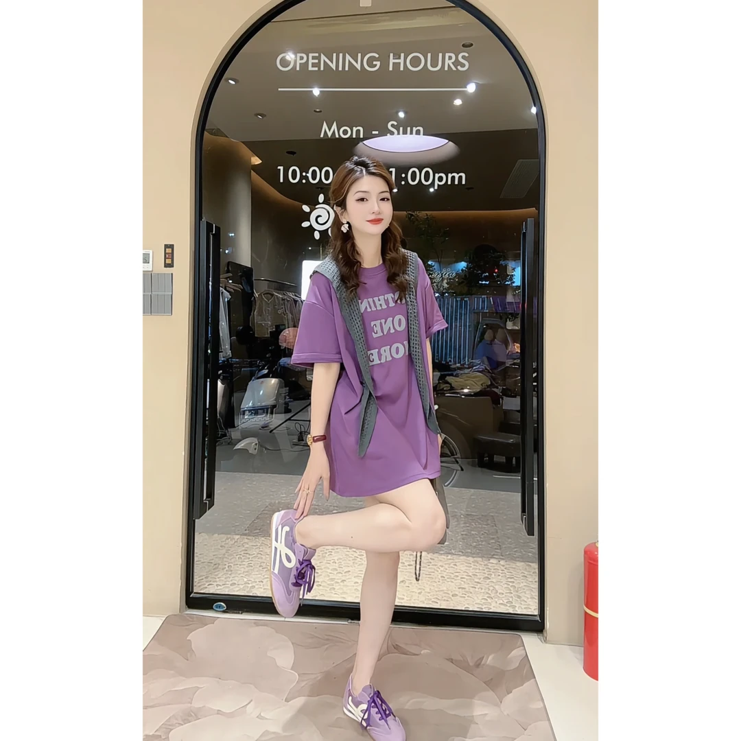 涵儿家 设计感英文字母印花宽松中长款休闲T恤（带披肩）