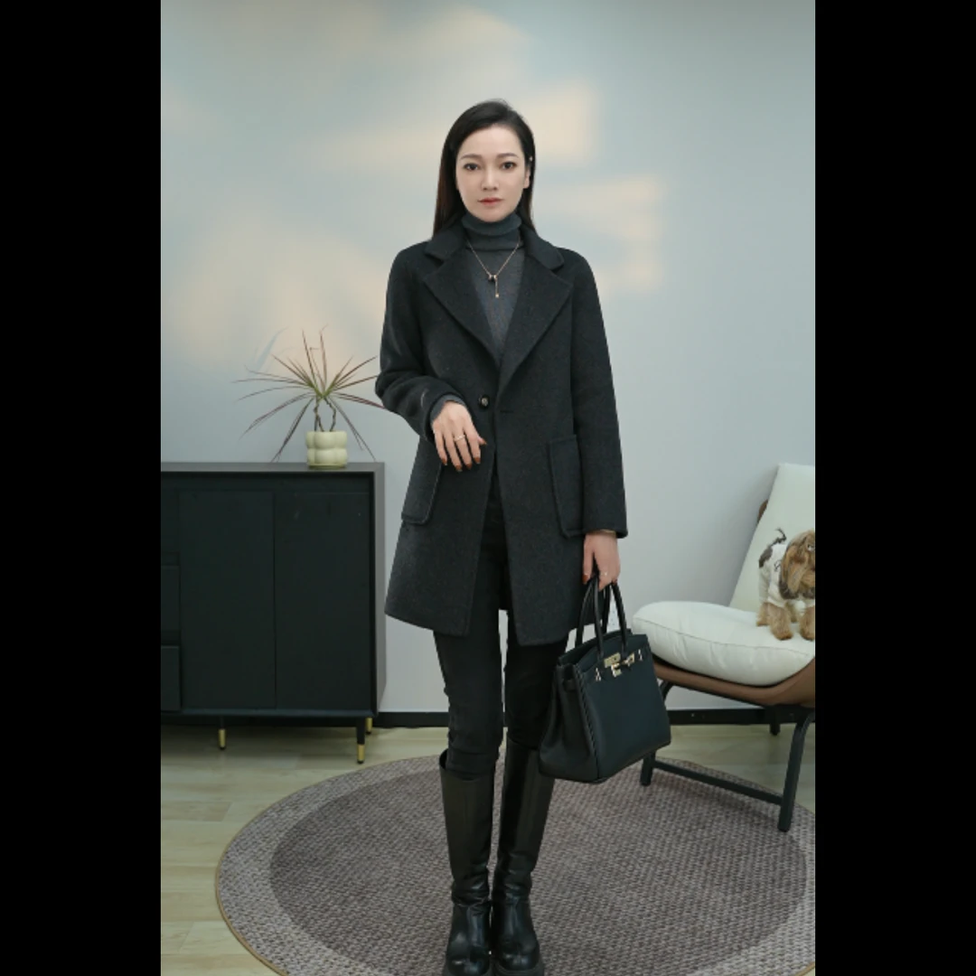 女士时尚休闲气质秋冬中长款百搭品质双面呢大衣外套毛呢