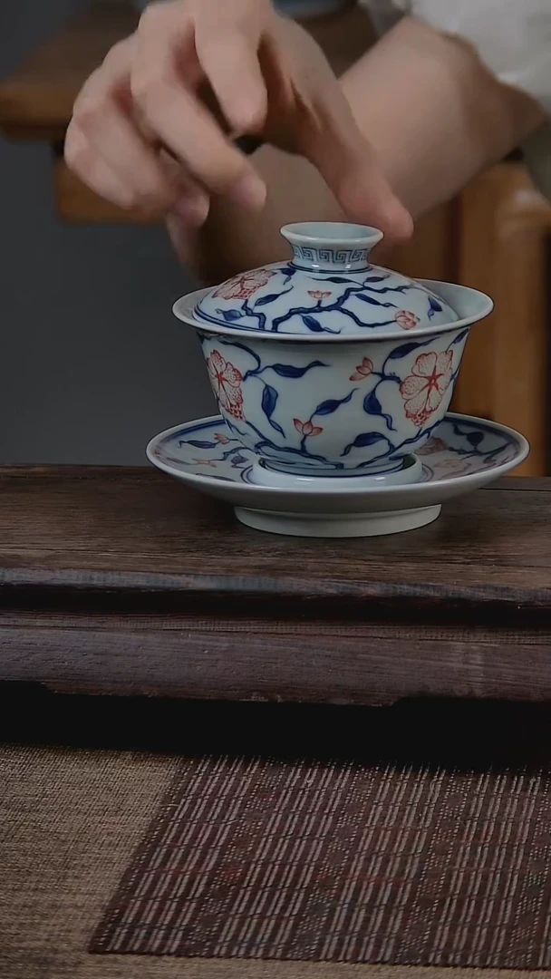 折葵非器手工手绘山茶花三才盖碗