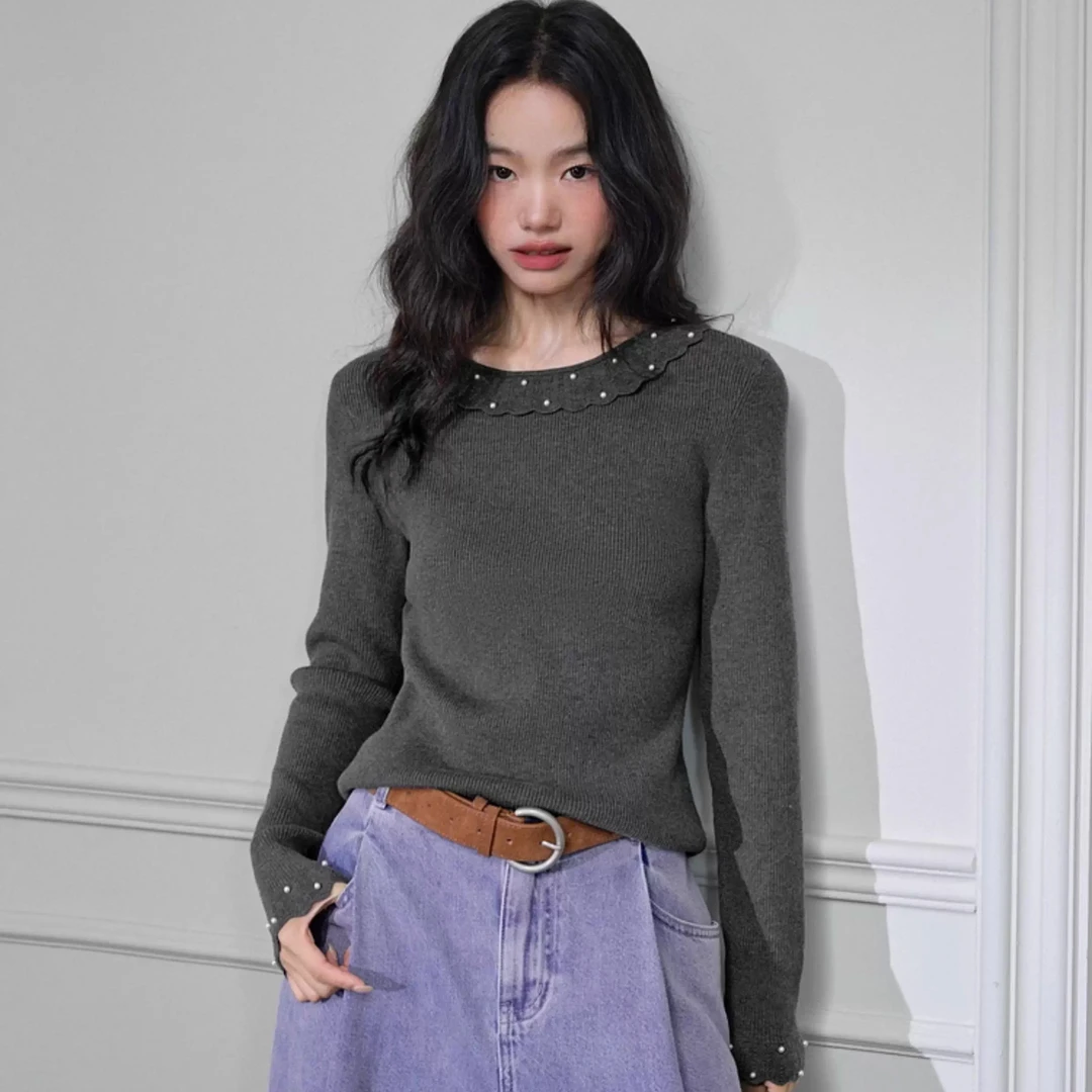 秋冬新款圆领套头木耳边钉珠打底衫宽松显瘦时尚百搭针织毛衣女