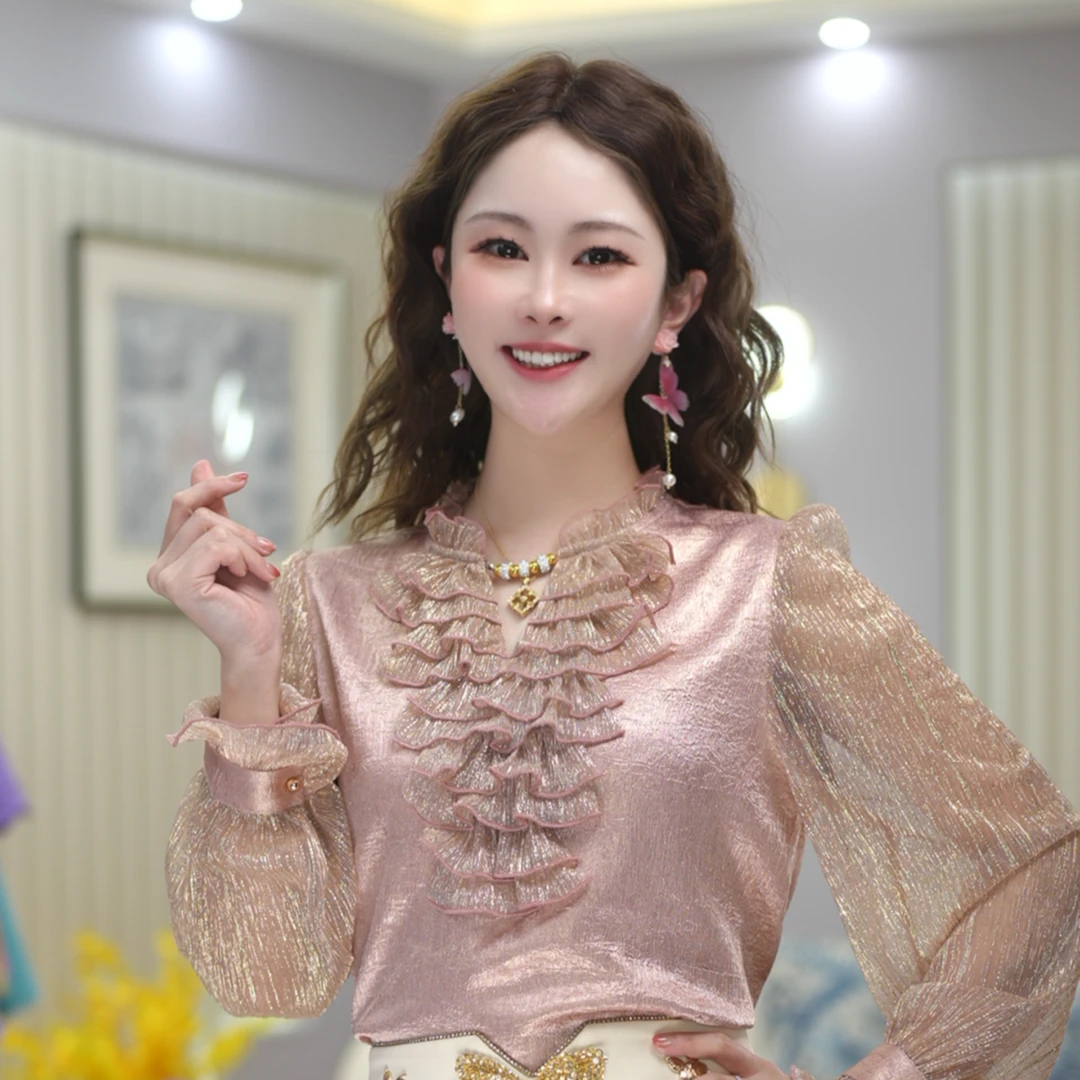 米娅 春季新款高级感纯色衬衫重工设计粉色百搭洋气衬衣女 DY5631