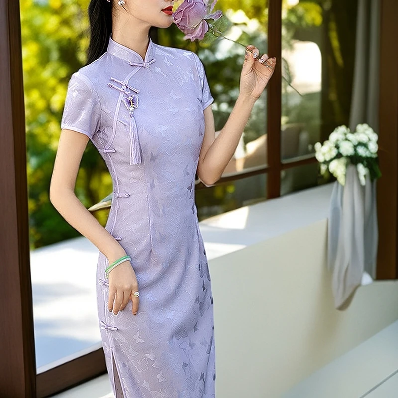 小个子蕾丝国风中式改良旗袍年轻款女复古修身显瘦短袖气质连衣裙