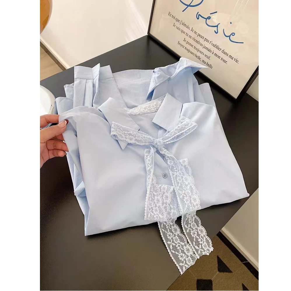 2025春季新款蓝色蕾丝系带长袖衬衫外套女小个子洋气宽慵懒风上衣