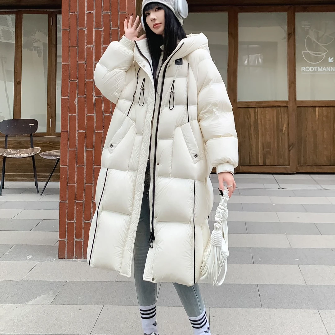 90白鹅绒加厚保暖连帽时尚冬季长款羽绒服