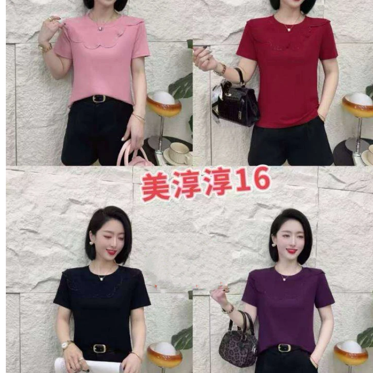 16夏季新款特色领短袖荷叶领亮钻轻熟修身T恤