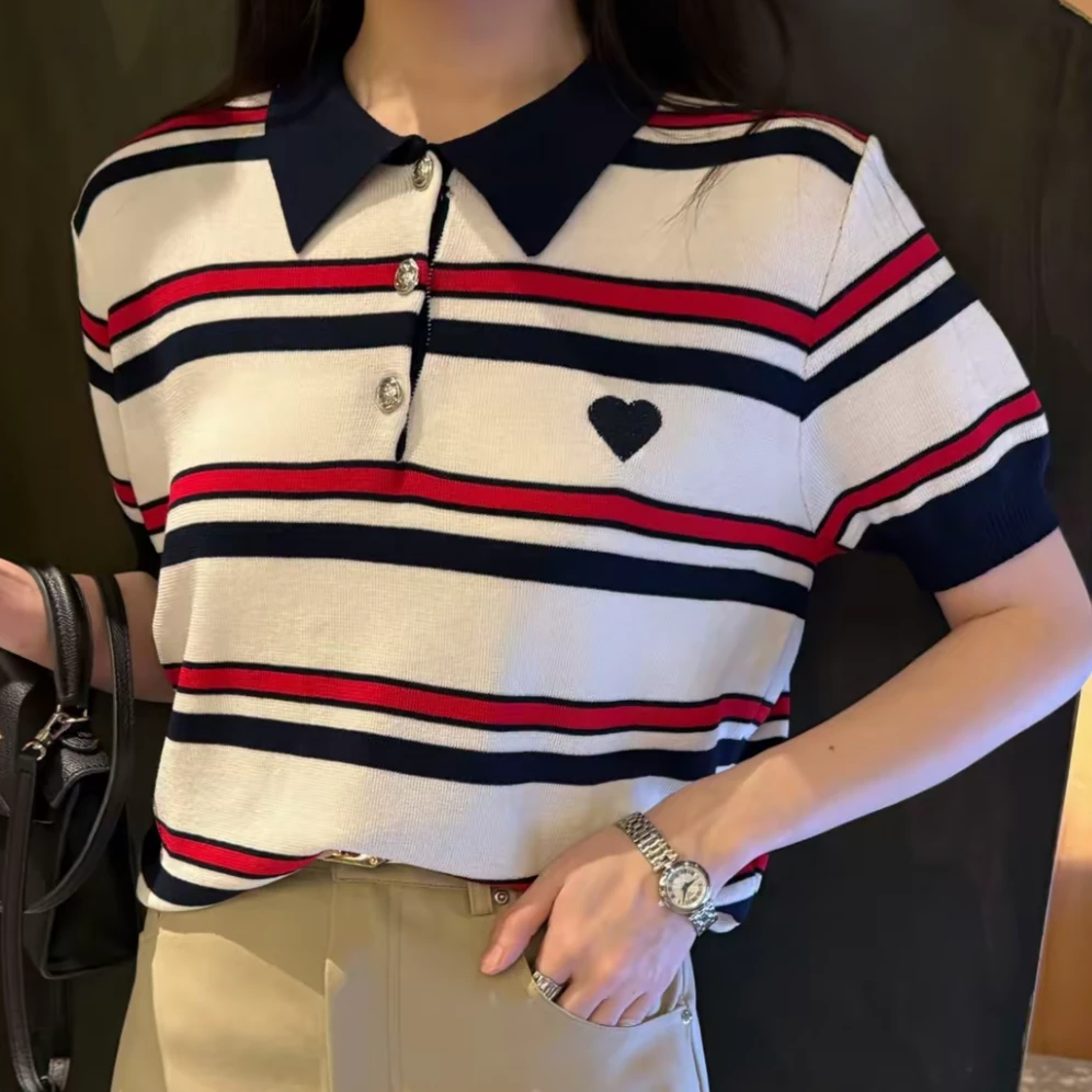 设计感POLO针织衫女条纹学院高级短袖小众爱心甜美百搭减龄上衣