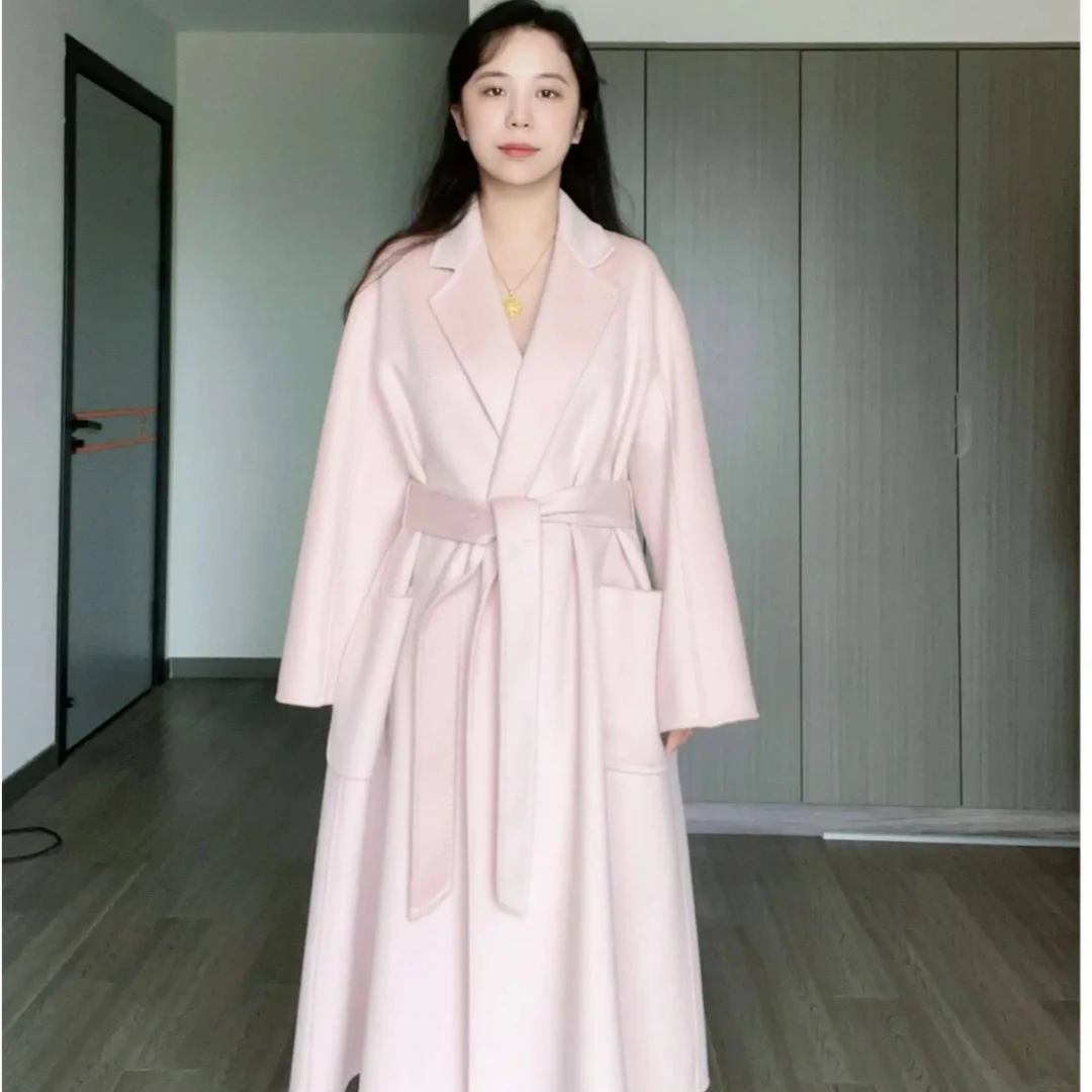 大衣<白玉粉浴袍>浅粉淡粉色水波纹浴袍款双面羊绒羊羔毛轻奢新款