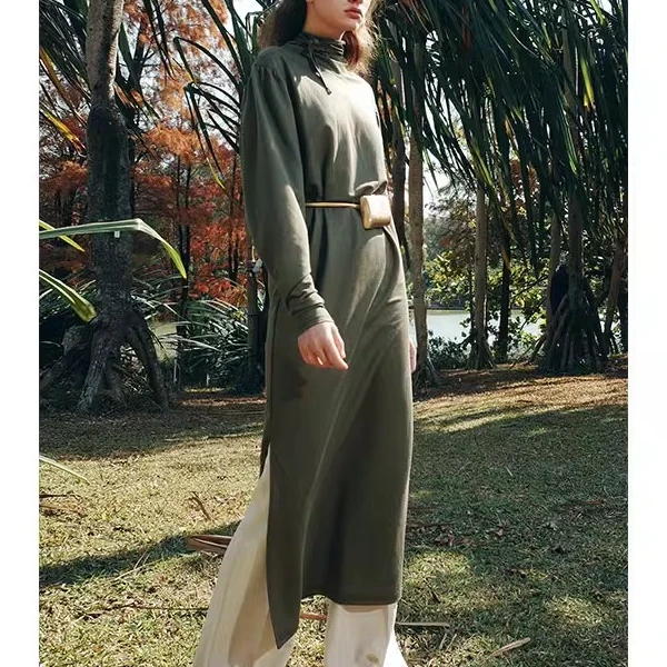 RoseLingLing怡然飘逸 环保莱赛尔随性领巾腰带收腰连衣裙女春秋