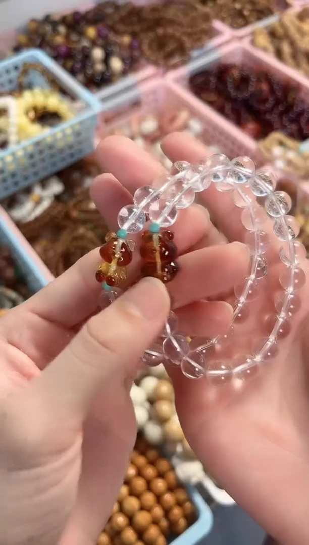 未镶嵌琥珀（棕珀）手串天然AA白水晶搭配琥珀小熊9mm