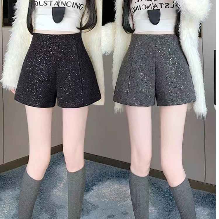 休闲短裤显瘦网红高腰时尚百搭外穿阔腿宽松大码毛呢加厚ins韩版