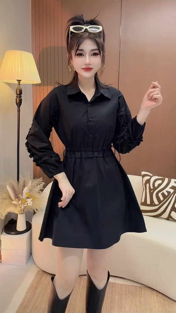 新款时尚百搭木耳花边黑色显瘦气质收腰弹力衬衫连衣裙