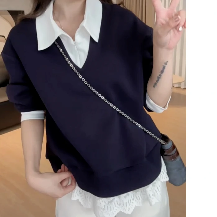 清新POLO领拼接下摆蕾丝假两件长袖T恤女春季新款卫衣