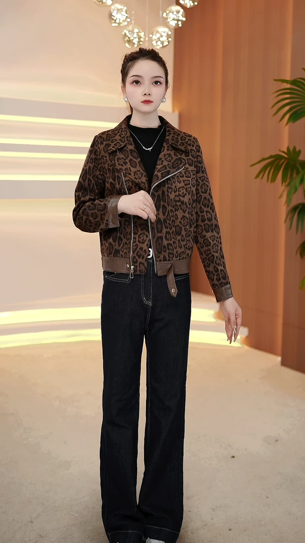 春季新款女士休闲显瘦韩版豹纹短款夹克百搭外套