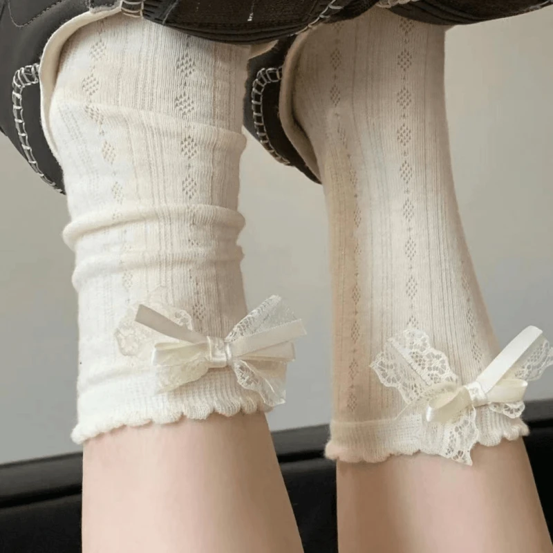 “少女养成系”奶油JK夏季蕾丝蝴蝶结纯欲镂空防滑中筒运动袜甜美TT