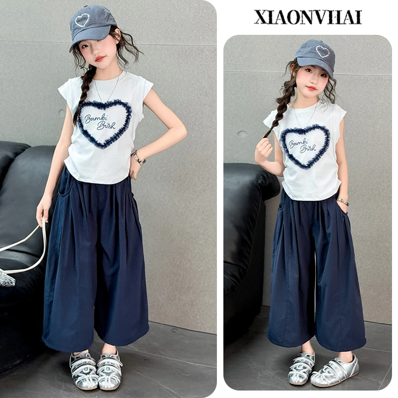 小女孩女童夏装韩版爆款休闲套装2025新款薄款t恤中大童阔腿裤潮
