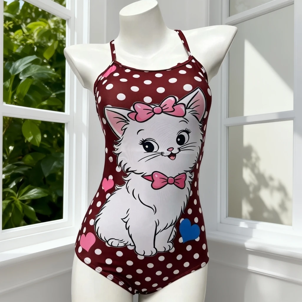 【复古玛丽猫】卡通印花女士专业竞速三角连体显瘦遮肉游泳衣漂亮新