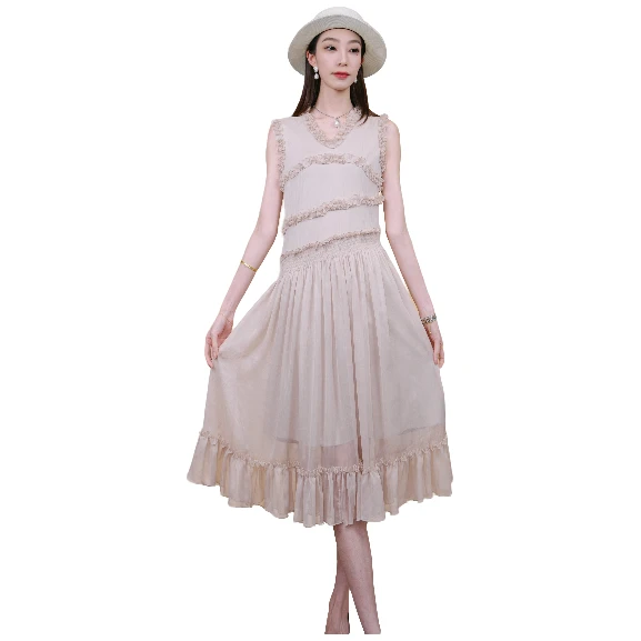 S·DEER圣迪奥褶皱V领法式夏季气质纯色连衣裙女装长裙S252Z12F5