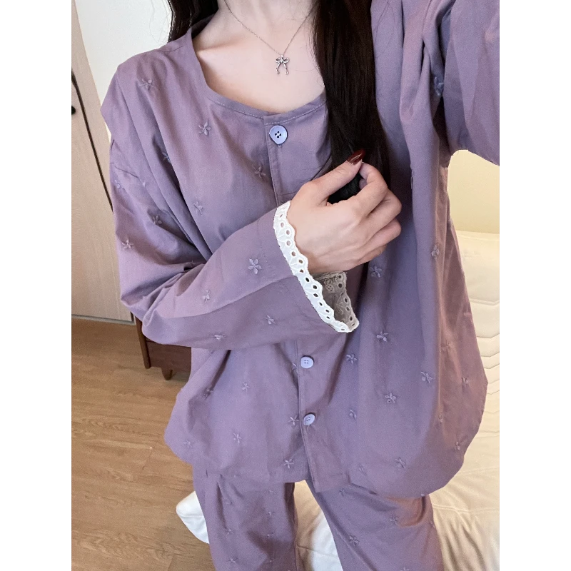 法式复古碎花刺绣睡衣女春秋款2025年新款女士蕾丝花边家居服套装