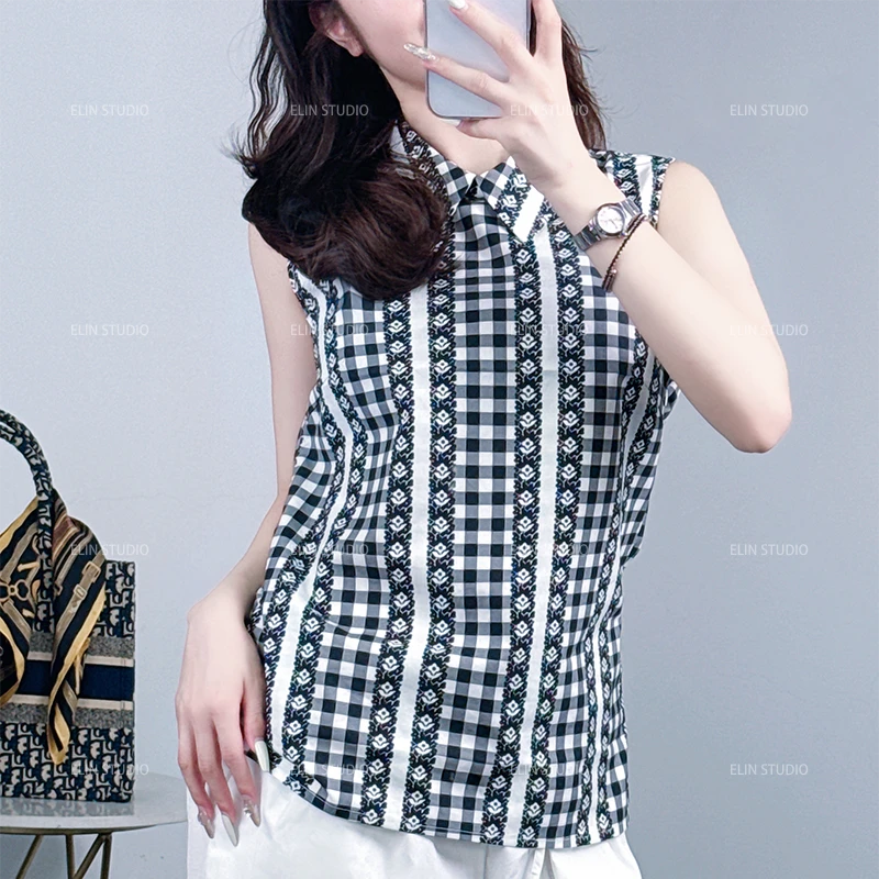 2025春夏新款高定高级感条纹花朵图案休闲百搭时尚女款无袖衬衫