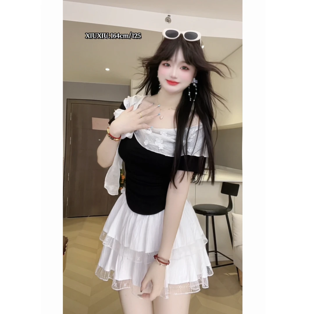 【独占心扉】9625微胖夏季法式一字肩立体花朵飘带系结T恤短款上衣