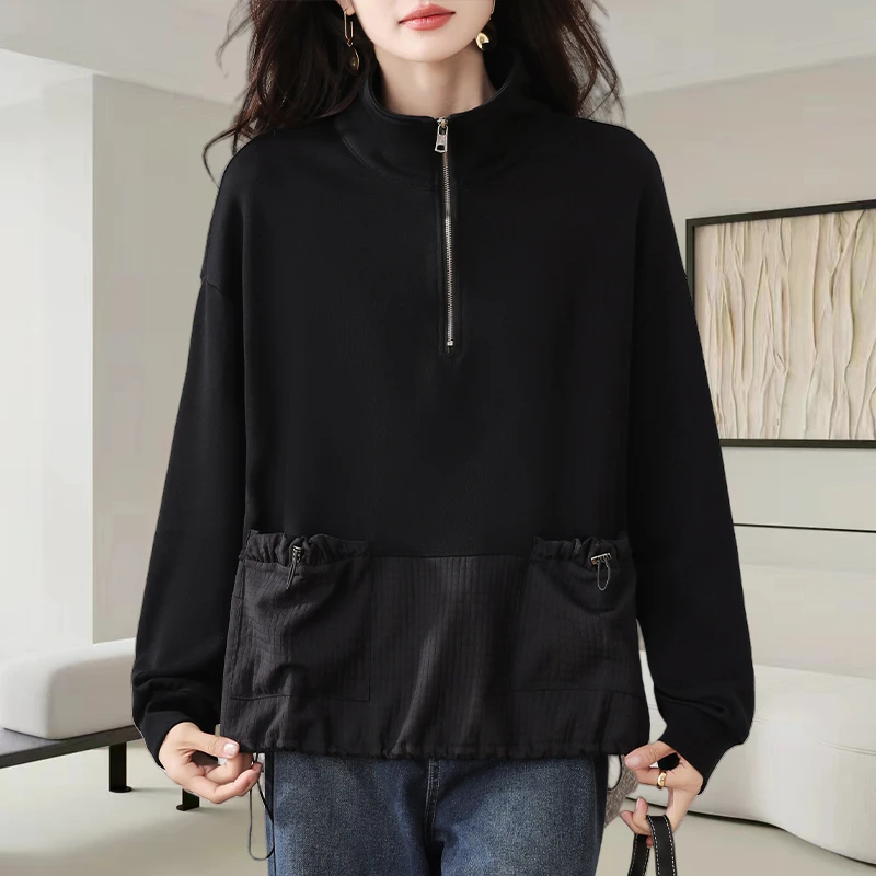 黑色立领半拉链卫衣女2025秋季新款时尚宽松遮肉显瘦休闲气质上衣