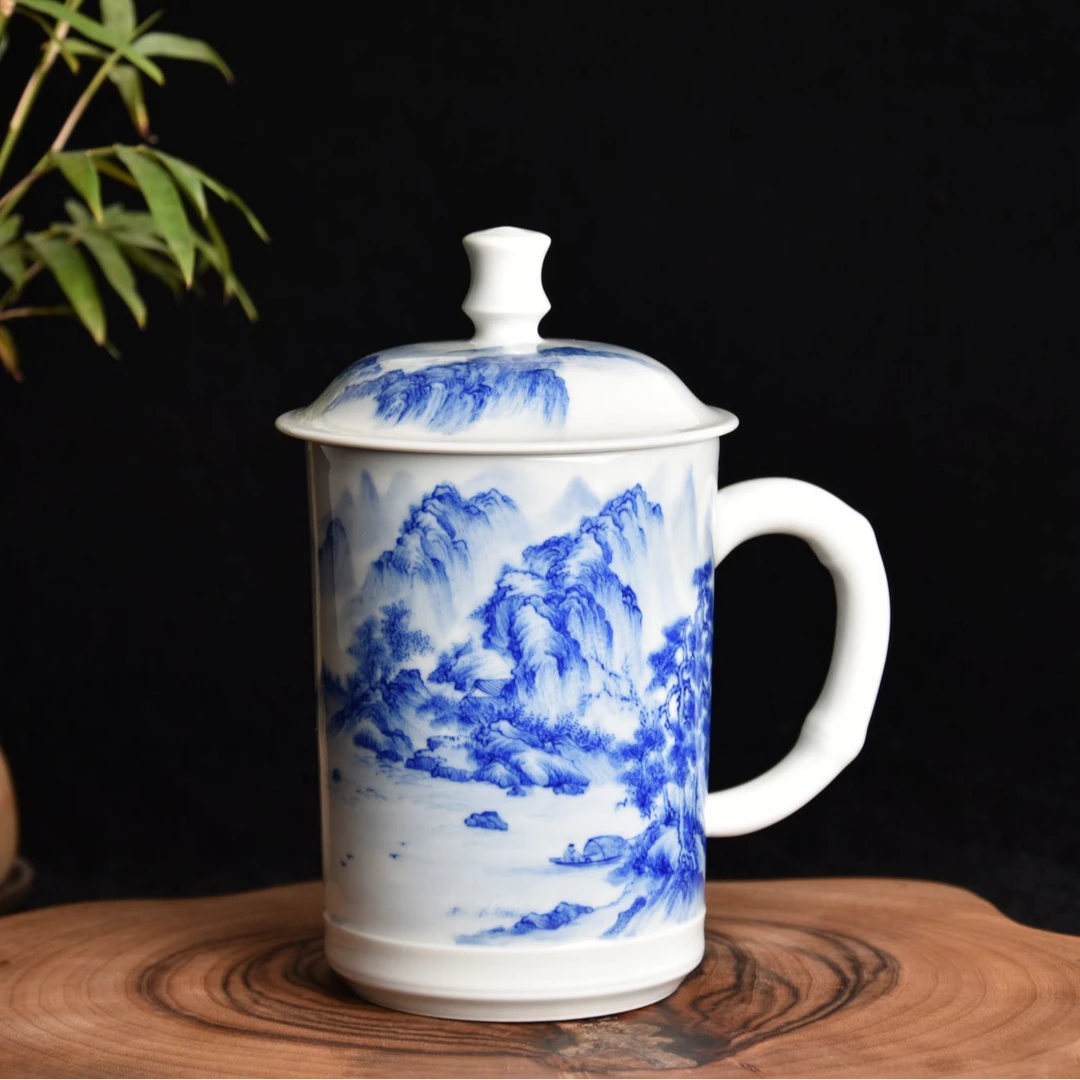 景德镇陶瓷茶杯办公杯青花山水自用送礼开会茶杯中式茶器