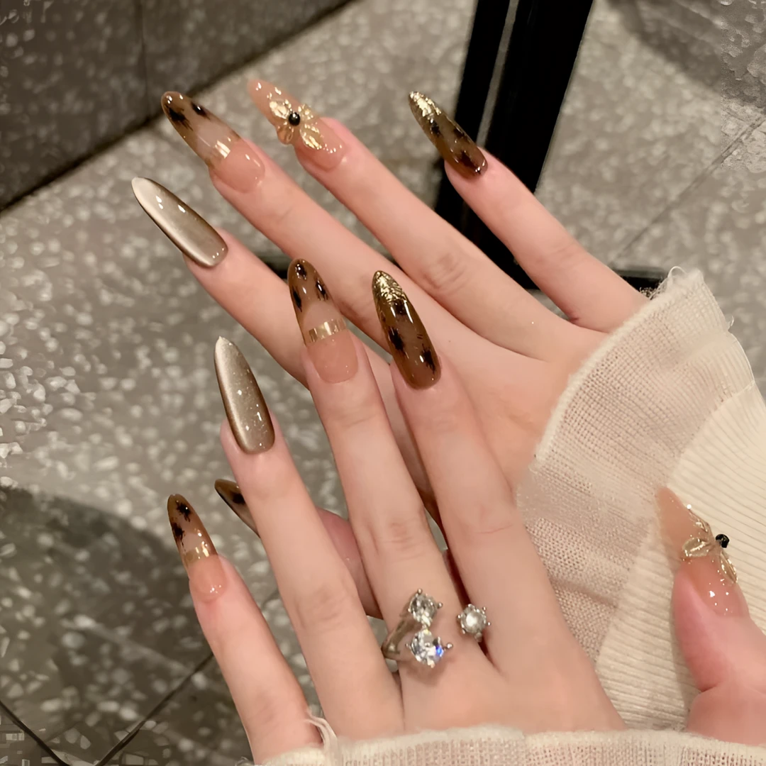 JohonGirls'/琴岛小嫚【重工咖金】高级豹纹法式金属猫眼手工穿戴甲