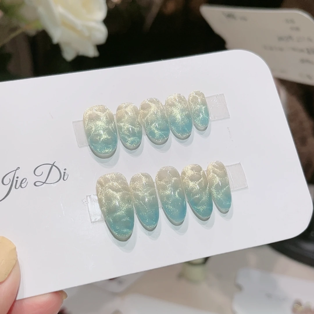 【马尔代夫】姐弟穿戴甲纯手工穿戴美甲蓝色水波纹